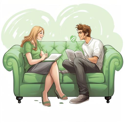 A young couple is sitting comfortably on a light green sofa wearing slippers and happily discussing their hopes for the future. On the table is a thick book like a Bible and a notebook. Manga speech bubbles are coming out of their mouths.