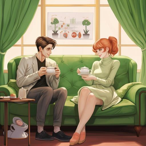 A young couple is sitting on a light green sofa, drinking tea and talking happily. With an anime touch.