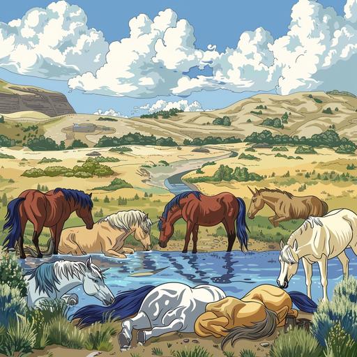 Draw a herd of wild horses resting near a water source. A beautiful natural landscape is included in the background to express the harmony between wild horses and nature. cartoon style. Coloring book.