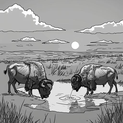 Dusk at a Watering Hole: Create a peaceful evening scene depicting bison visiting a watering hole. The way the setting sun casts long shadows and reflects off the water provides a beautiful opportunity to play with light and color in the sky, water, and the bison themselves. cartoon style. Simple black and white lines.