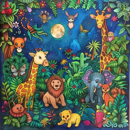 Imagine a vibrant and colorful jungle at night, magically illuminated under the moonlight. In this enchanting scene, a variety of animals come to life from the pages of a magical coloring book. Each animal embodies a special quality and contributes to the whimsical atmosphere. There's a playful puppy showing the value of friendship, a curious kitten exploring with caution, a gentle bunny symbolizing kindness, and a wise old owl imparting wisdom. Further enriching the scene are a busy bee demonstrating teamwork, a majestic elephant teaching respect, a graceful giraffe standing tall and unique, a mighty lion symbolizing courage, and a laughing monkey full of mischief. Additionally, a colorful parrot, a sly fox, a happy hippo, a slow-moving turtle, a busy squirrel, a daring dragonfly, a fluttering butterfly, a singing nightingale, a leaping frog, a quiet deer, and a strong bear each add their own charm to the magical jungle. This image captures the essence of a magical coloring book that comes to life at night, where every animal teaches a lesson and adds a splash of color to the dreamy landscape.