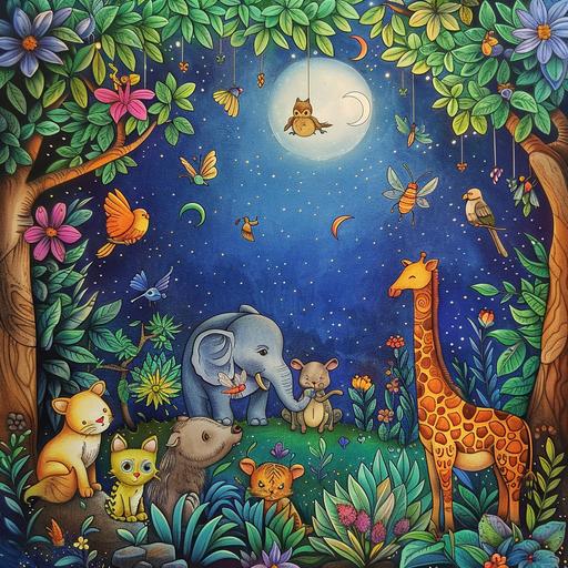 Imagine a vibrant and colorful jungle at night, magically illuminated under the moonlight. In this enchanting scene, a variety of animals come to life from the pages of a magical coloring book. Each animal embodies a special quality and contributes to the whimsical atmosphere. There's a playful puppy showing the value of friendship, a curious kitten exploring with caution, a gentle bunny symbolizing kindness, and a wise old owl imparting wisdom. Further enriching the scene are a busy bee demonstrating teamwork, a majestic elephant teaching respect, a graceful giraffe standing tall and unique, a mighty lion symbolizing courage, and a laughing monkey full of mischief. Additionally, a colorful parrot, a sly fox, a happy hippo, a slow-moving turtle, a busy squirrel, a daring dragonfly, a fluttering butterfly, a singing nightingale, a leaping frog, a quiet deer, and a strong bear each add their own charm to the magical jungle. This image captures the essence of a magical coloring book that comes to life at night, where every animal teaches a lesson and adds a splash of color to the dreamy landscape.