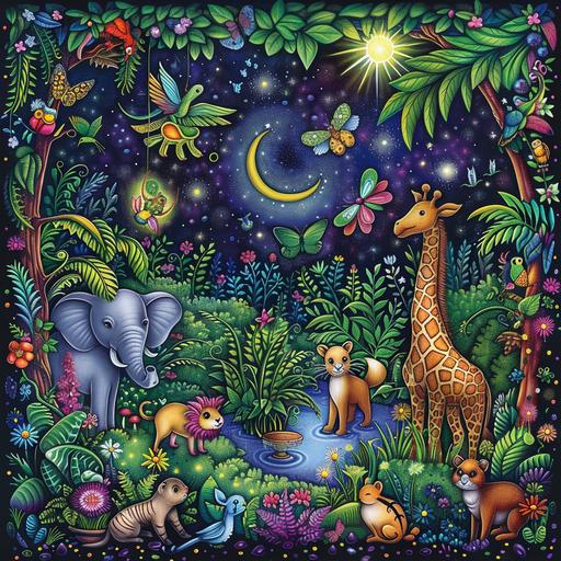 Imagine a vibrant and colorful jungle at night, magically illuminated under the moonlight. In this enchanting scene, a variety of animals come to life from the pages of a magical coloring book. Each animal embodies a special quality and contributes to the whimsical atmosphere. There's a playful puppy showing the value of friendship, a curious kitten exploring with caution, a gentle bunny symbolizing kindness, and a wise old owl imparting wisdom. Further enriching the scene are a busy bee demonstrating teamwork, a majestic elephant teaching respect, a graceful giraffe standing tall and unique, a mighty lion symbolizing courage, and a laughing monkey full of mischief. Additionally, a colorful parrot, a sly fox, a happy hippo, a slow-moving turtle, a busy squirrel, a daring dragonfly, a fluttering butterfly, a singing nightingale, a leaping frog, a quiet deer, and a strong bear each add their own charm to the magical jungle. This image captures the essence of a magical coloring book that comes to life at night, where every animal teaches a lesson and adds a splash of color to the dreamy landscape.