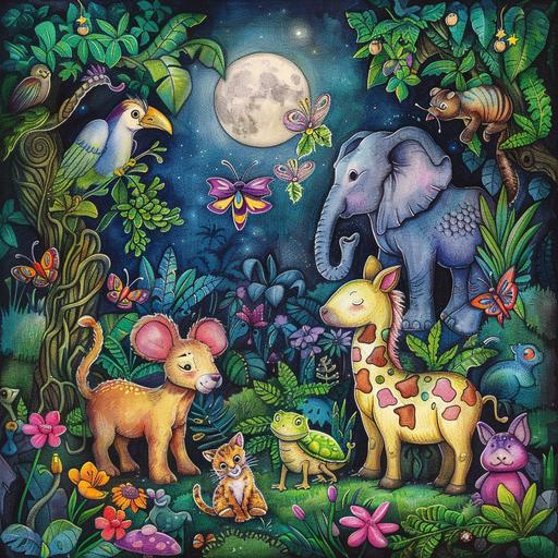 Imagine a vibrant and colorful jungle at night, magically illuminated under the moonlight. In this enchanting scene, a variety of animals come to life from the pages of a magical coloring book. Each animal embodies a special quality and contributes to the whimsical atmosphere. There's a playful puppy showing the value of friendship, a curious kitten exploring with caution, a gentle bunny symbolizing kindness, and a wise old owl imparting wisdom. Further enriching the scene are a busy bee demonstrating teamwork, a majestic elephant teaching respect, a graceful giraffe standing tall and unique, a mighty lion symbolizing courage, and a laughing monkey full of mischief. Additionally, a colorful parrot, a sly fox, a happy hippo, a slow-moving turtle, a busy squirrel, a daring dragonfly, a fluttering butterfly, a singing nightingale, a leaping frog, a quiet deer, and a strong bear each add their own charm to the magical jungle. This image captures the essence of a magical coloring book that comes to life at night, where every animal teaches a lesson and adds a splash of color to the dreamy landscape.