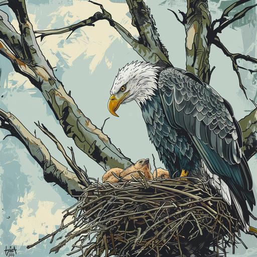 It depicts a parent bald eagle feeding its young in a nest high up in a tree. It is a scene that makes you feel the bonds of family together with the beauty of the surrounding nature. Cartoon style with simple thin black lines.