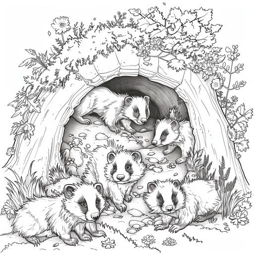 It depicts one or two badgers and several baby badgers emerging from an underground tunnel. All around them will be a woodland or grassland environment with glimpses of trees, bushes, flowers, or even dug passageways that lead to their burrows. This setup allows for creativity in coloring the various textures of the bear's fur, the natural scenery, and the small details of the burrow entrance. Simple black and white lines. cartoon style --v 6.0