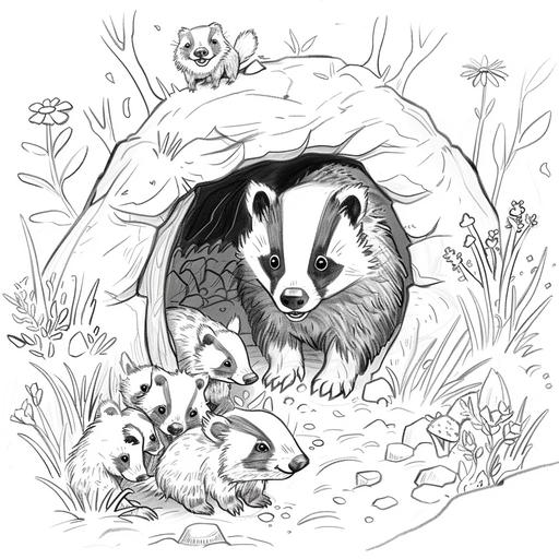 It depicts one or two badgers and several baby badgers emerging from an underground tunnel. All around them will be a woodland or grassland environment with glimpses of trees, bushes, flowers, or even dug passageways that lead to their burrows. This setup allows for creativity in coloring the various textures of the bear's fur, the natural scenery, and the small details of the burrow entrance. Simple black and white lines. cartoon style --v 6.0