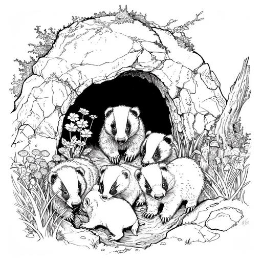 It depicts one or two badgers and several baby badgers emerging from an underground tunnel. All around them will be a woodland or grassland environment with glimpses of trees, bushes, flowers, or even dug passageways that lead to their burrows. This setup allows for creativity in coloring the various textures of the bear's fur, the natural scenery, and the small details of the burrow entrance. Simple black and white lines. cartoon style --v 6.0