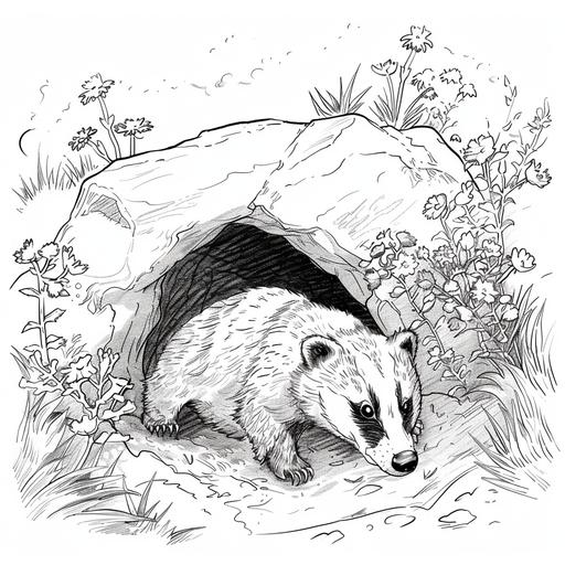 This is a picture of an American badger. Create a manga-like drawing using simple black and white lines. Picture a family of burrowing bears relaxing outside the entrance to their den during a peaceful first night. This scene depicts one or two adult animals and several young animals emerging from an underground tunnel. All around them will be a woodland or grassland environment with glimpses of trees, bushes, flowers, or even dug passageways that lead to their burrows. This setup allows for creativity in coloring the various textures of the bear's fur, the natural scenery, and the small details of the burrow entrance. This scene also captures aspects of the communal life and nurturing of burrowing bears, and provides an engaging and educational space for coloring.