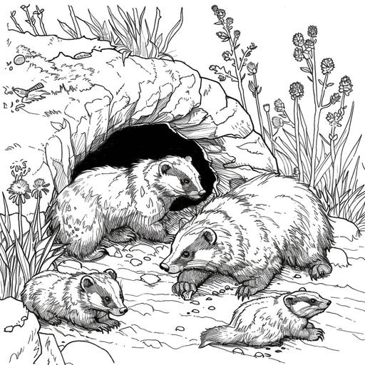 This is a picture of an American badger. Create a manga-like drawing using simple black and white lines. Picture a family of burrowing bears relaxing outside the entrance to their den during a peaceful first night. This scene depicts one or two adult animals and several young animals emerging from an underground tunnel. All around them will be a woodland or grassland environment with glimpses of trees, bushes, flowers, or even dug passageways that lead to their burrows. This setup allows for creativity in coloring the various textures of the bear's fur, the natural scenery, and the small details of the burrow entrance. This scene also captures aspects of the communal life and nurturing of burrowing bears, and provides an engaging and educational space for coloring.