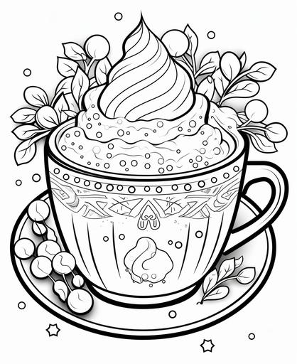 Outline art for kids coloring book page Christmas-themed, coloring pages Hot cocoa with marshmallows, cartoon style, only use outline, line art, clean line art --ar 9:11