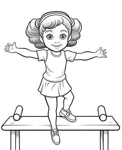 Outline art for kids coloring book page, Gymnastics balance beam, girl makes gymnastics, white background, cartoon style, only use outline, line art, clean line art --ar 9:11