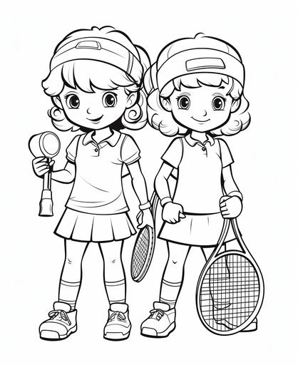 Outline art for kids coloring book page, tennis, girls play tennis, white background, cartoon style, only use outline, line art, clean line art --ar 9:11