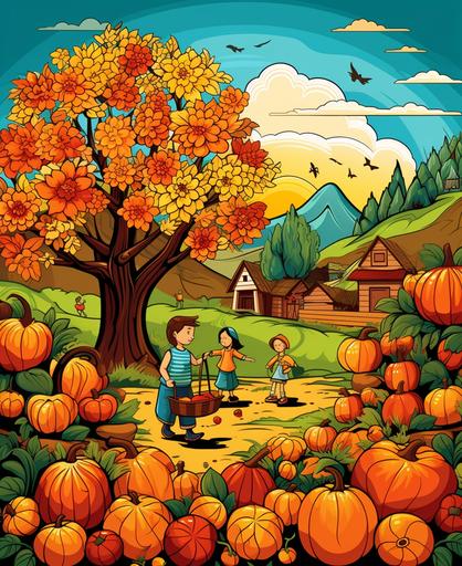 kids illustration, Thanksgiving day, family, pumpkin, flowers, autumn, tree, sun, funy, table, chicken, nature, apple, cartoon style, thick lines, low detail, vivid color --ar 18:22