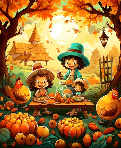 kids illustration, Thanksgiving day, family, pumpkin, flowers, autumn, tree, sun, funy, table, chicken, cartoon style, thick lines, low detail, vivid color --ar 18:22