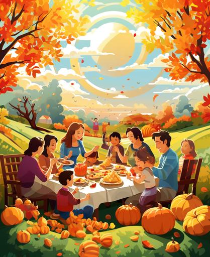 kids illustration, Thanksgiving day, family, pumpkin, flowers, autumn, tree, sun, funy, table, chicken, nature, apple,family sitting at the festive table, cartoon style, thick lines, low detail, vivid color --ar 18:22
