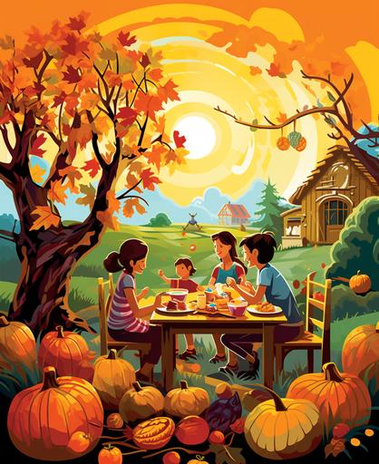 kids illustration, Thanksgiving day, family, pumpkin, flowers, autumn, tree, sun, funy, table, chicken, cartoon style, thick lines, low detail, vivid color --ar 18:22