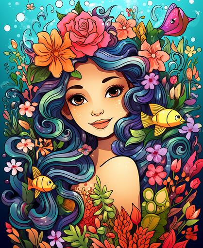 kids illustration, marmaid, fish, sea, flowers, queen, cartoon style, thick lines, low detail, vivid color --ar 18:22