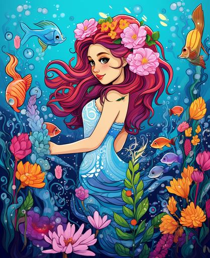 kids illustration, marmaid, fish, sea, flowers, queen, cartoon style, thick lines, low detail, vivid color --ar 18:22