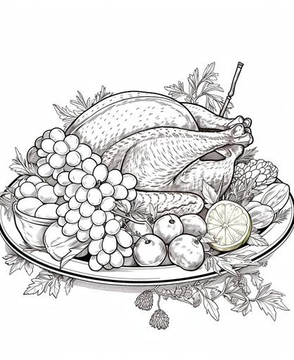 outline art for kids coloring book page, Antique Turkey Platter: Showcase a platter with a roasted turkey, garnished with fruits and herbs, reminiscent of a bygone era, white background, cartoon style, only use outline, line art, clean line art --ar 9:11