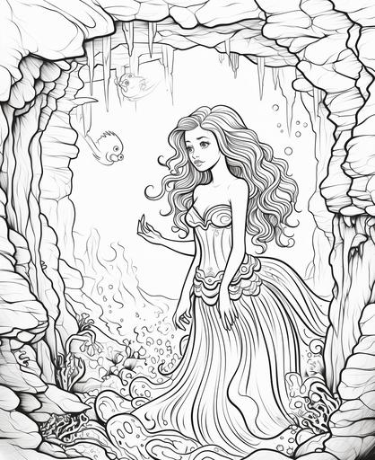 outline art for kids coloring book page, Mermaid in a sea cave, white background, cartoon stylem only use outline, line art, clean line art --ar 9:11