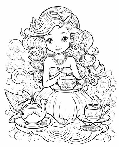 outline art for kids coloring book page, Mermaid at a mermaid tea party, white background, cartoon stylem only use outline, line art, clean line art --ar 9:11