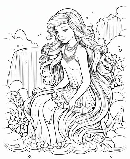 outline art for kids coloring book page, Mermaid at a rainbow waterfall, white background, cartoon stylem only use outline, line art, clean line art --ar 9:11