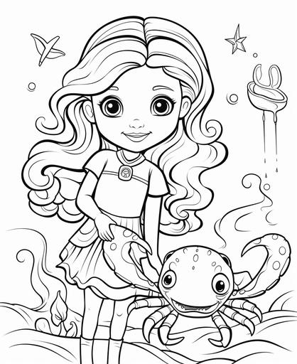 outline art for kids coloring book page, Mermaid and a friendly crab, white background, cartoon stylem only use outline, line art, clean line art --ar 9:11