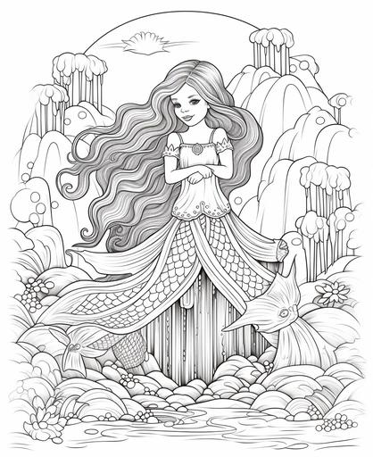 outline art for kids coloring book page, Mermaid at a rainbow waterfall, white background, cartoon stylem only use outline, line art, clean line art --ar 9:11