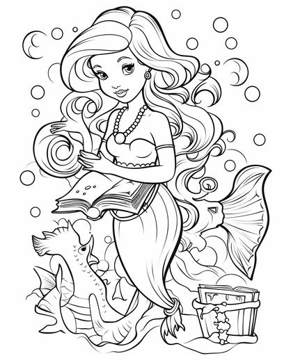 outline art for kids coloring book page, Mermaid with a treasure map, white background, cartoon stylem only use outline, line art, clean line art --ar 9:11