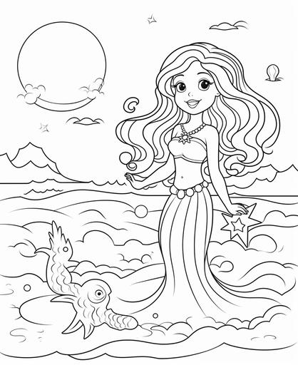 outline art for kids coloring book page, Mermaid on a moonlit beach, white background, cartoon stylem only use outline, line art, clean line art --ar 9:11