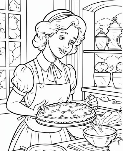 outline art for kids coloring book page, Pie Baking: Feature a charming kitchen scene with a baker in vintage attire making delicious Thanksgiving pies, white background, cartoon style, only use outline, line art, clean line art --ar 9:11