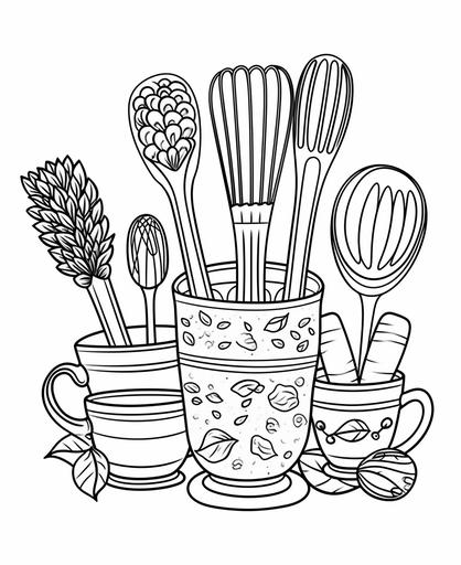 outline art for kids coloring book page, Vintage Kitchen Tools: Highlight vintage kitchen utensils, such as rolling pins, mixing bowls, and sifter, used for Thanksgiving baking, white background, cartoon style, only use outline, line art, clean line art --ar 9:11