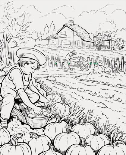 outline art for kids coloring book page, white background, cartoon style, only use outline, line art, clean line art Pumpkin Harvest: An illustration of people picking pumpkins in a vintage pumpkin patch --ar 9:11