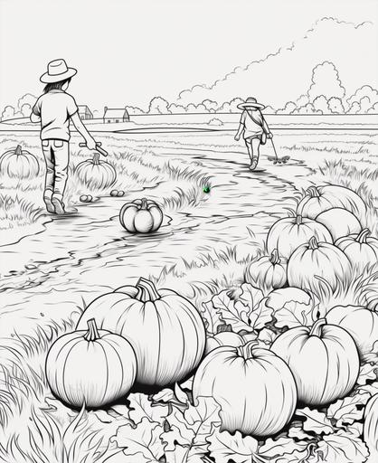 outline art for kids coloring book page, white background, cartoon style, only use outline, line art, clean line art Pumpkin Harvest: An illustration of people picking pumpkins in a vintage pumpkin patch --ar 9:11