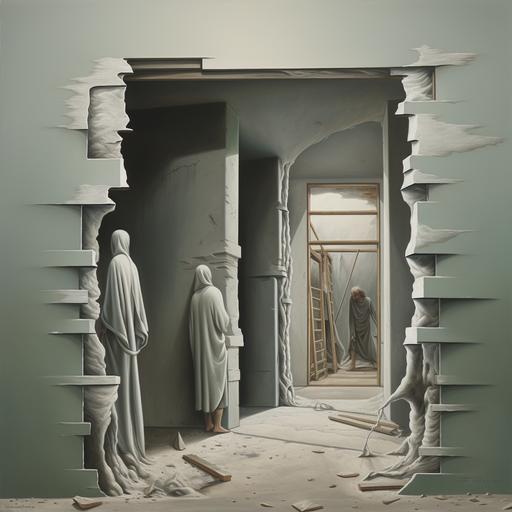 kay sage style painting looking through a doorway into another doorway into a room with shades of plaster and shaddows of figures and ladders