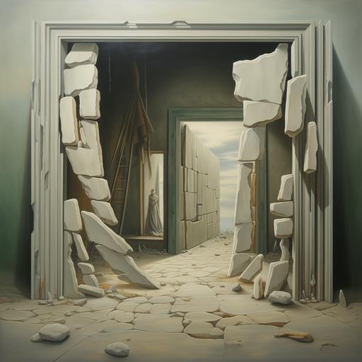kay sage style painting looking through a doorway into another doorway into a room with shades of plaster and shaddows of figures and ladders