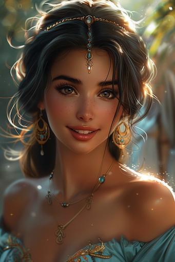 beautiful portrait of a princess, princess jasmine, happiness, smile, anime style, sun rays, fairy tale, bright sweetheart, realism --ar 2:3 --s 250 --v 6.0