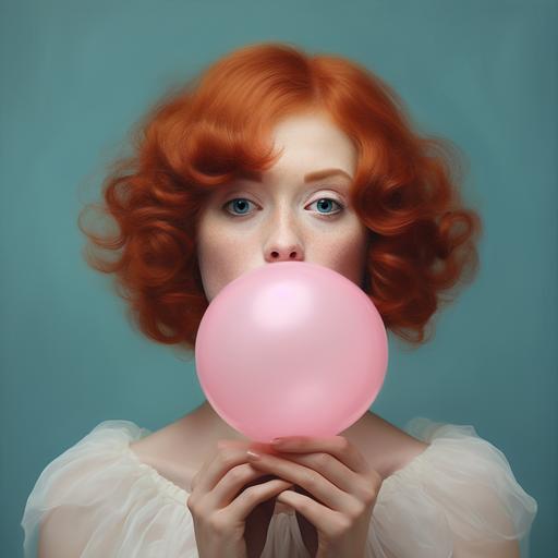 1862 painting of a woman with a pink bubble on her mouth, in the style of celebrity photography, meme art, appropriation artist, opulent minimalism, nostalgic nostalgia, baroque animals, dark white and light cyan. woman has ginger hair