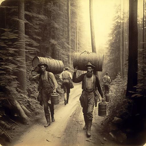1865 photo of lumberjacks hauling a growler jug of beer up a haul road through the forest