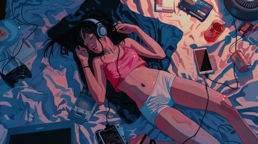 A young chinese girl lies asleep on a bed, wearing a pink tank top and white sports shorts. She has headphones on, with one hand gently resting on her stomach and the other near her ear. A black blanket is draped over her, surrounded by scattered snacks and drinks, as well as cassette tapes, an MP3 player, a smartphone, a gaming controller, and a laptop. A standing fan is positioned nearby. The setting sun filters through the curtains, casting a mix of shadows and light across the room, creating a relaxed and tranquil atmosphere. This digital artwork depicts a cozy indoor setting, featuring a warm and emotive color palette dominated by shades of red and orange. --ar 16:9