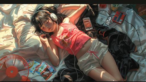 A young chinese girl lies asleep on a bed, wearing a pink tank top and white sports shorts. She has headphones on, with one hand gently resting on her stomach and the other near her ear. A black blanket is draped over her, surrounded by scattered snacks and drinks, as well as cassette tapes, an MP3 player, a smartphone, a gaming controller, and a laptop. A standing fan is positioned nearby. The setting sun filters through the curtains, casting a mix of shadows and light across the room, creating a relaxed and tranquil atmosphere. This digital artwork depicts a cozy indoor setting, featuring a warm and emotive color palette dominated by shades of red and orange. --ar 16:9