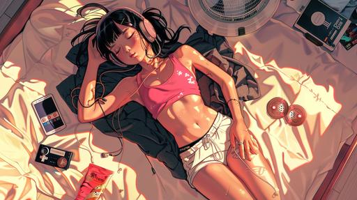 A young chinese girl lies asleep on a bed, wearing a pink tank top and white sports shorts. She has headphones on, with one hand gently resting on her stomach and the other near her ear. A black blanket is draped over her, surrounded by scattered snacks and drinks, as well as cassette tapes, an MP3 player, a smartphone, a gaming controller, and a laptop. A standing fan is positioned nearby. The setting sun filters through the curtains, casting a mix of shadows and light across the room, creating a relaxed and tranquil atmosphere. This digital artwork depicts a cozy indoor setting, featuring a warm and emotive color palette dominated by shades of red and orange. --ar 16:9