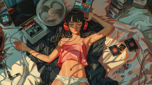 A young chinese girl lies asleep on a bed, wearing a pink tank top and white sports shorts. She has headphones on, with one hand gently resting on her stomach and the other near her ear. A black blanket is draped over her, surrounded by scattered snacks and drinks, as well as cassette tapes, an MP3 player, a smartphone, a gaming controller, and a laptop. A standing fan is positioned nearby. The setting sun filters through the curtains, casting a mix of shadows and light across the room, creating a relaxed and tranquil atmosphere. This digital artwork depicts a cozy indoor setting, featuring a warm and emotive color palette dominated by shades of red and orange. --ar 16:9