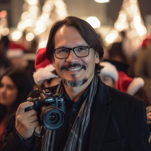 photo of male photographer with goatee, white skin, long straight black hair with prescription glasses, Santa Claus hat with canon camera in his hands photographing a graduation ceremony with many graduates in line, PNG format