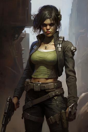 1889 Female Ork space Pirate, Realistic painting by Pascal Blanche , gritty Star Wars Style, muted colors --c 14 --ar 2:3