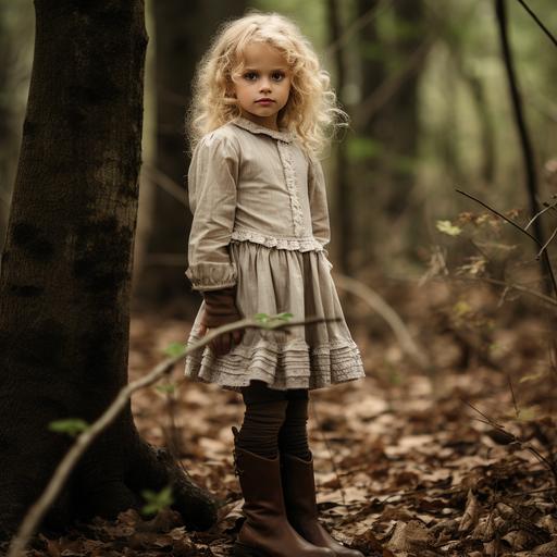1889 little girl age 6 portraiture with blonde curly hair lace up boots in a forest with oak trees vintage