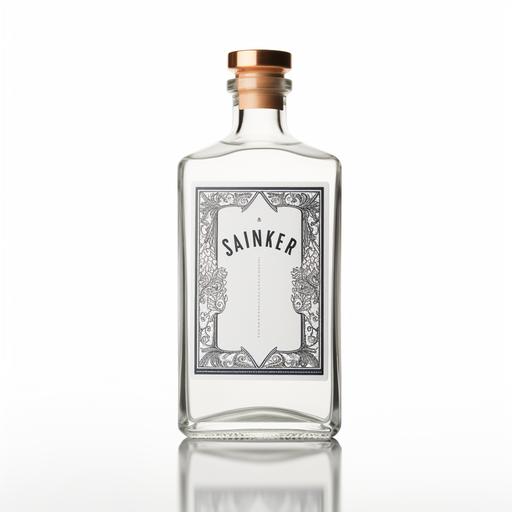 create a label gin label for for an alcohol brand Brand NamePlak Gin Stylise 2000 V5 using this bottle  style label must have a white background with copper and bronze features text for the brand name