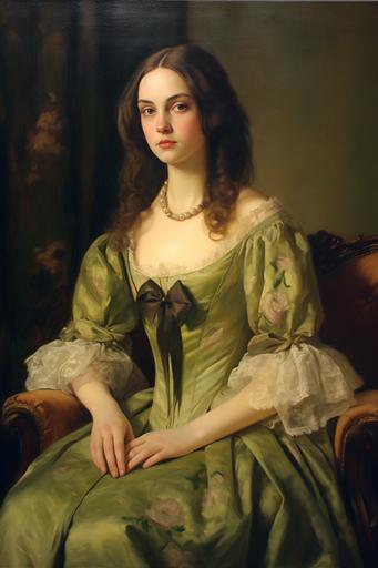 18th Century Portrait painting of a woman with long light-brown hair, wearing vibrant green floral regency gown with long sleeves, front facing portrait, facing forward, looking at you, sitting pose, regency, tudor, soft cool lighting, natural daylight, uplight, light background, oil painting, detailed portrait, 8k, hd, realistic, in the style of Joseph Karl Steiler, in the style of Eduard Friedrich Leybold --ar 2:3 --q 2 --v 5.1