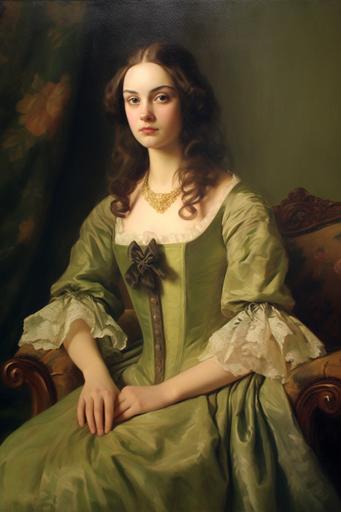 18th Century Portrait painting of a woman with long light-brown hair, wearing vibrant green floral regency gown with long sleeves, front facing portrait, facing forward, looking at you, sitting pose, regency, tudor, soft cool lighting, natural daylight, uplight, light background, oil painting, detailed portrait, 8k, hd, realistic, in the style of Joseph Karl Steiler, in the style of Eduard Friedrich Leybold --ar 2:3 --q 2 --v 5.1